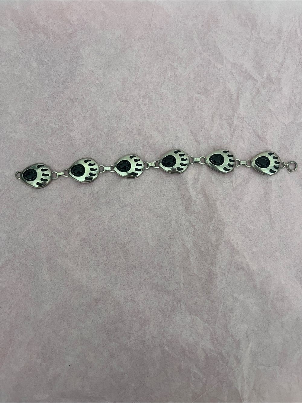 Sterling-Look Paw Print Link Bracelet in Silver and Black, handmade